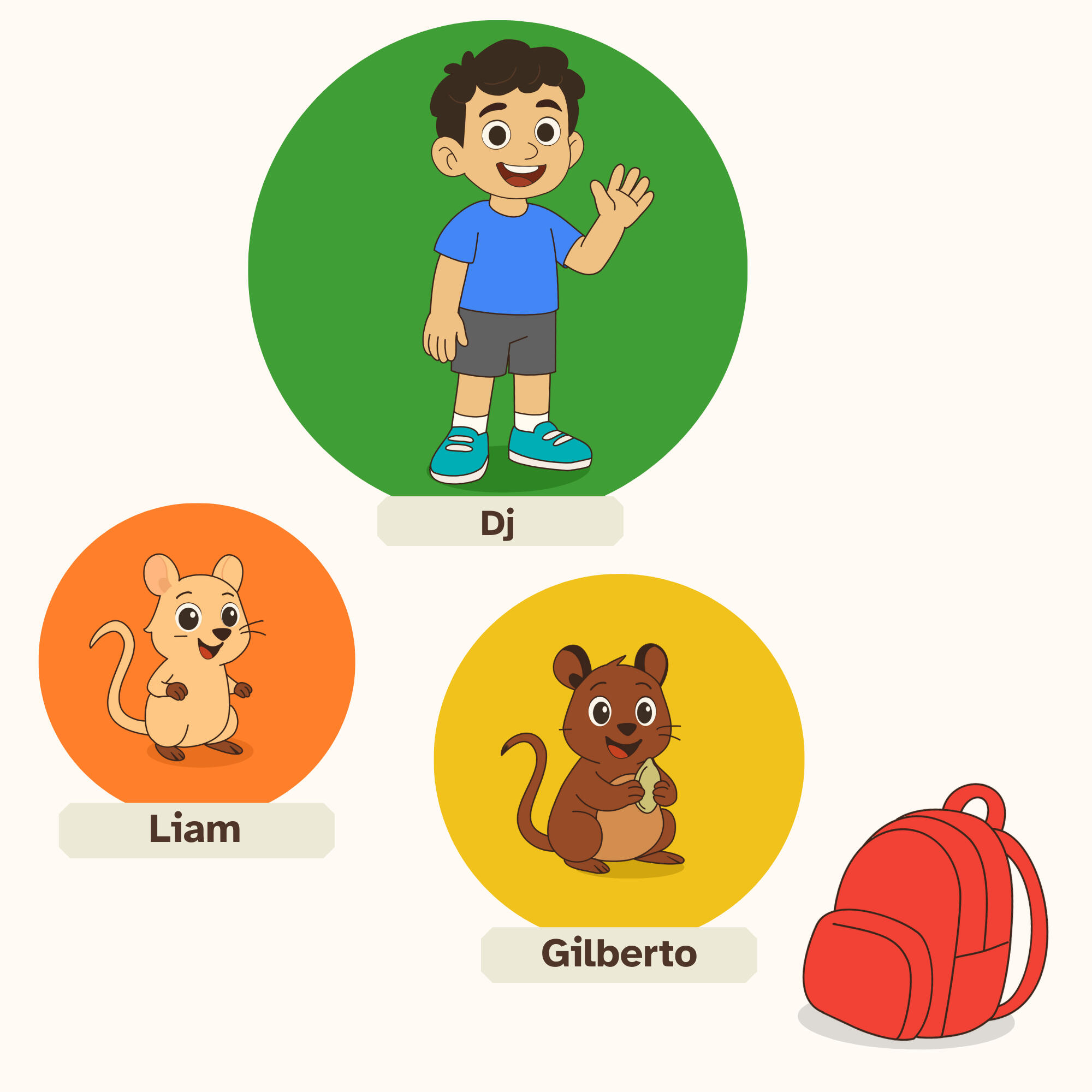 Character Intro Three images, Dj (top) young boy in a blue shirt waving, Liam (bottom left) small yellow gerbil, Gilberto (bottom right) small brown gerbil